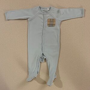 Burberry Light Blue Baby Footed One-Piece with Check Pocket